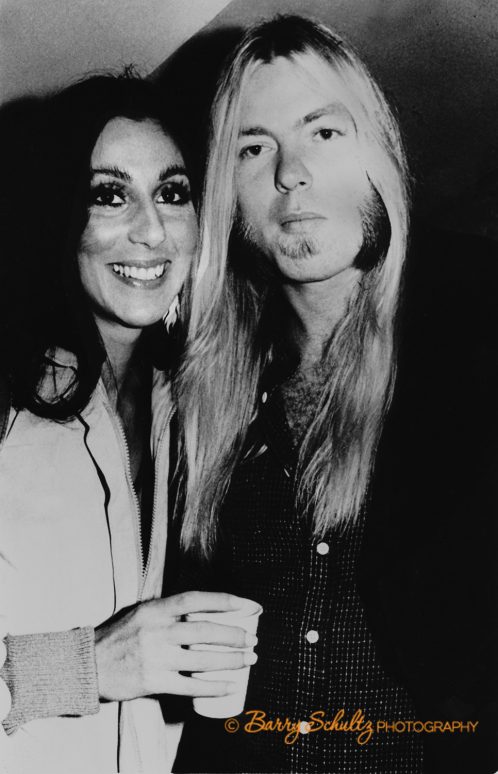 Musicians Cher and Gregg Allman backstage in the Netherlands in 1977.