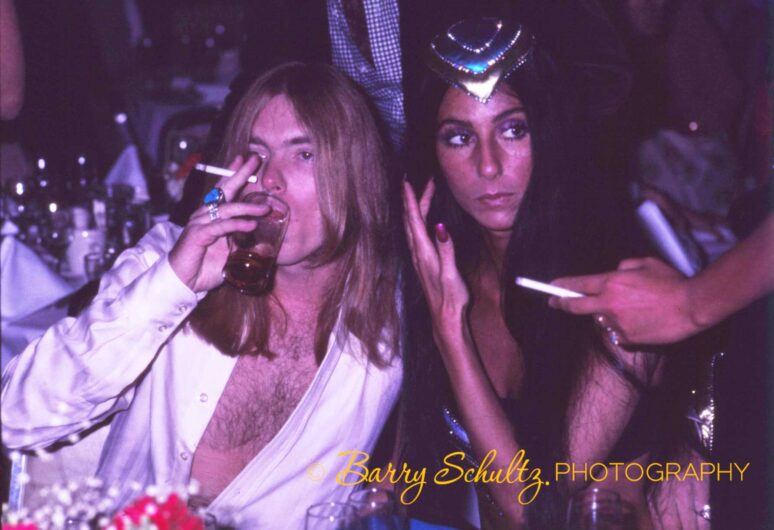 Musicians Gregg Allman and Cher together at The Roxy in May, 1975.