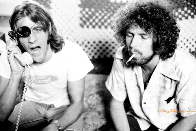 Glenn Frey and Don Henley of the Eagles at Glenn's home in Laurel Canyon, Los Angeles, California during an interview with Dutch writer Constant Meijers for the music magazine OOR in 1975. This image was used in the emmy-winning documentary film 'History of the Eagles'.